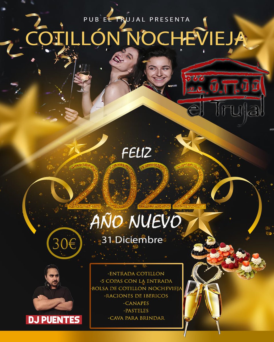 ELTRUJAL's tweet photo. 🥂 COTILLÓN NOCHEVIEJA 🥂

🎄La Navidad se vive en familia👨‍👩‍👧‍👧, se canta en conjunto🎤 y se celebra con todos🥂
Por ello os invitamos a que compartáis con música y alegría la Nochevieja y la entrada de Año Nuevo con la mejor compañía y con vuestros amig@s en @eltrujalpub https://t.co/z4dCABukCm
