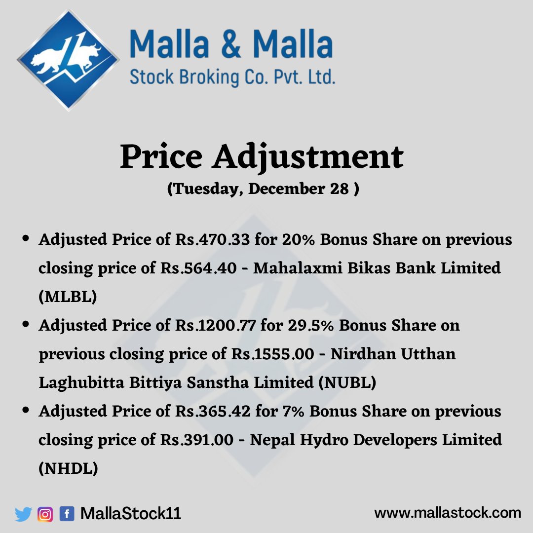 Price Adjustment 
(Tuesday, December 28 )

#NEPSE #MallaStock11 #priceadjustment #mlbl #nubl #nhdl