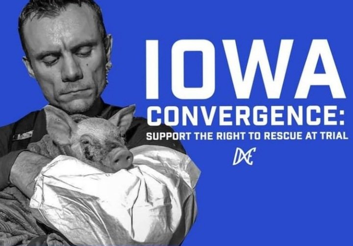 ALCrevolution's tweet photo. Support the #RightToRescue at trial! Join the #IowaConvergence, Jan.19th-28th, for the trial of #DxE investigator Matt Johnson. At this convergence, we will fill the courtroom to show support, build community, &amp; take revolutionary action. 
PLEASE REGISTER:
https://t.co/YaxAu00DmD https://t.co/a8RMkfvkcC