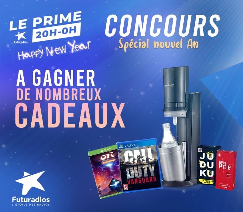 futuradios's tweet photo. 🎁 #CONCOURS
A l'occasion de l'émission radio 🎙️#LePrime du #réveillon #NouvelAn 2022, on vous offre des cadeaux ! 🥳
⭐️ 2 #SodaStream
⭐️ 3 jeux #Juduku
⭐️ 1 jeu #SansPitié
⭐️ 1 jeu #PS4
⭐️ 1 jeu #XboxOne

🎊 Like @Futuradios, @SodaStreamFR &amp; @Juduku_
✨ Retweet #Futuradios2022 https://t.co/MiBpKQVoN8