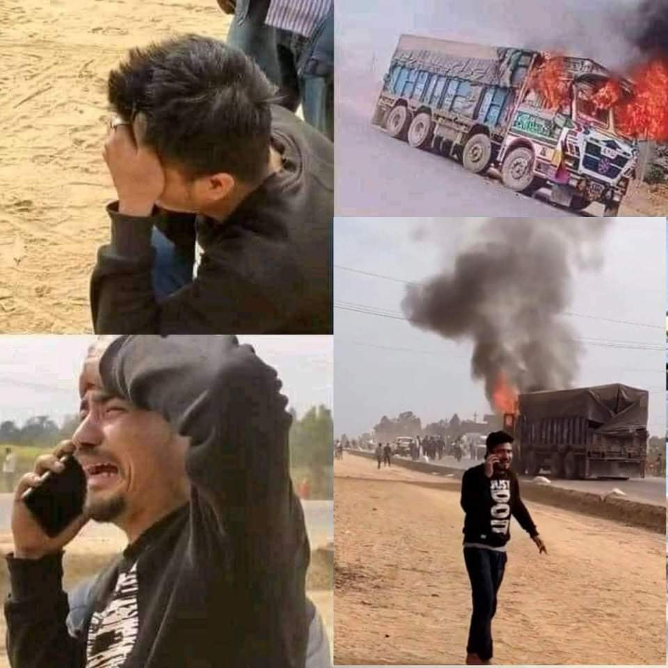 RONBupdates's tweet photo. Emotional and Sad situation: A truck driver calling brother/truckowner as the truck he was driving was burnt down by protestors from Janamat Party of CK Raut. Siraha District Administration has imposed Curfew in the District for today and tomorrow. 😥 https://t.co/evcs1G38jm