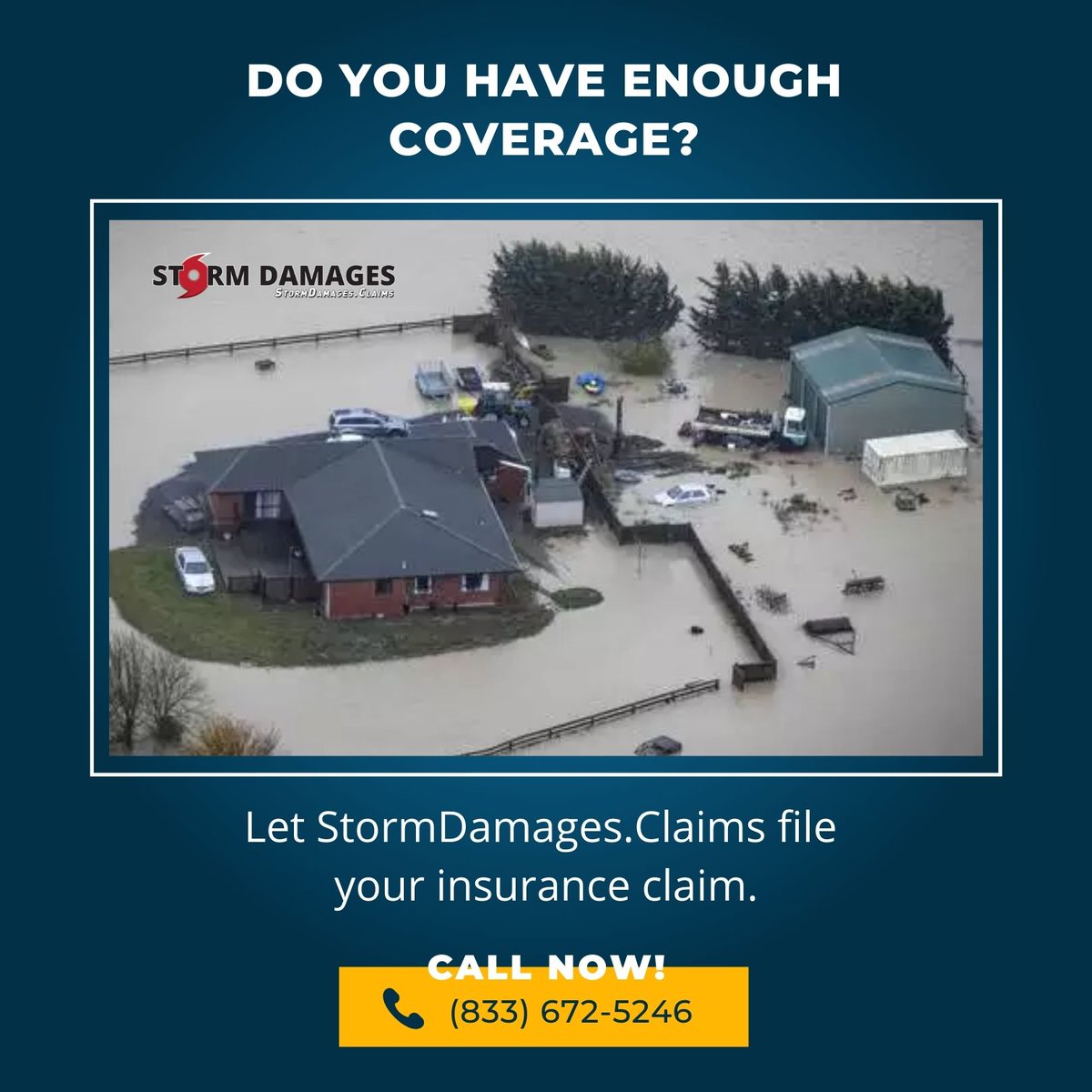 Do you have enough coverage? Let StormDamages.Claims file your insurance claim. #Insuranceclaims #FloodDamage #WaterDamage #WindDamage #stormdamages #tornadoes #floods #hurricanes #InsuranceCompany #commercialinsurance #insuranceloss #waterdamage #waterdamagerepair