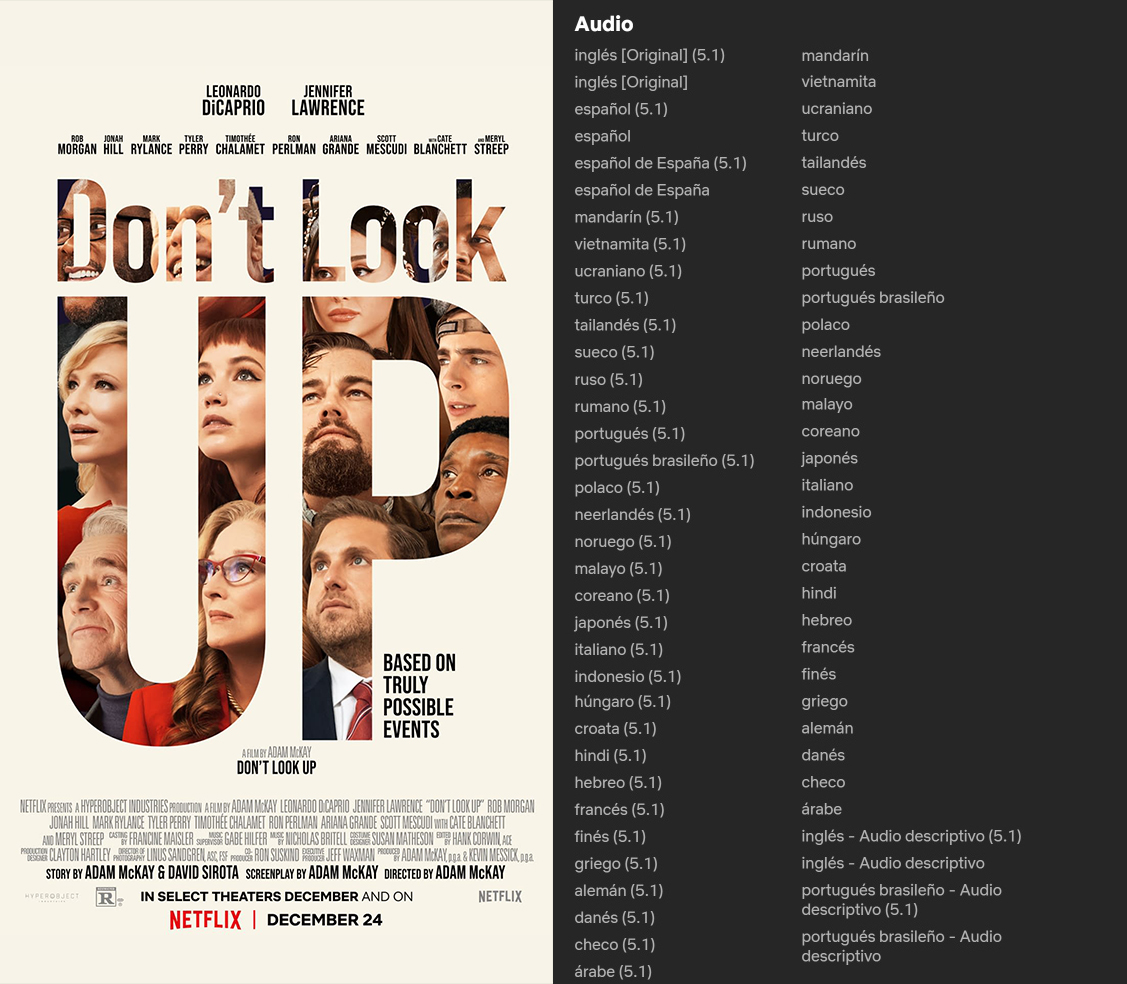 Netflix ha doblat 'Don't look up' a totes aquestes llengües (algunes amb menys parlants que el català). Per cert, també al portuguès de Portugual (país que els contraris al doblatge solen posar de referència). El català mereix ser un dels idiomes de Netflix i ben aviat.