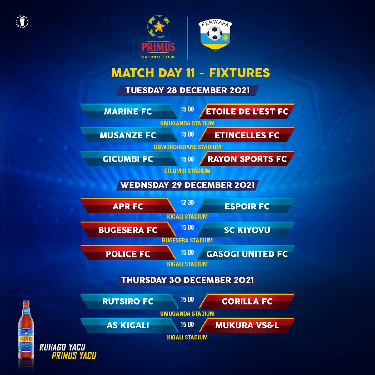 Primus National League Match Day 11 Fixtures

✍️ ferwafa.rw/spip.php?artic…

#TuriRuhago | #RuhagoYacu | #PrimusYacu