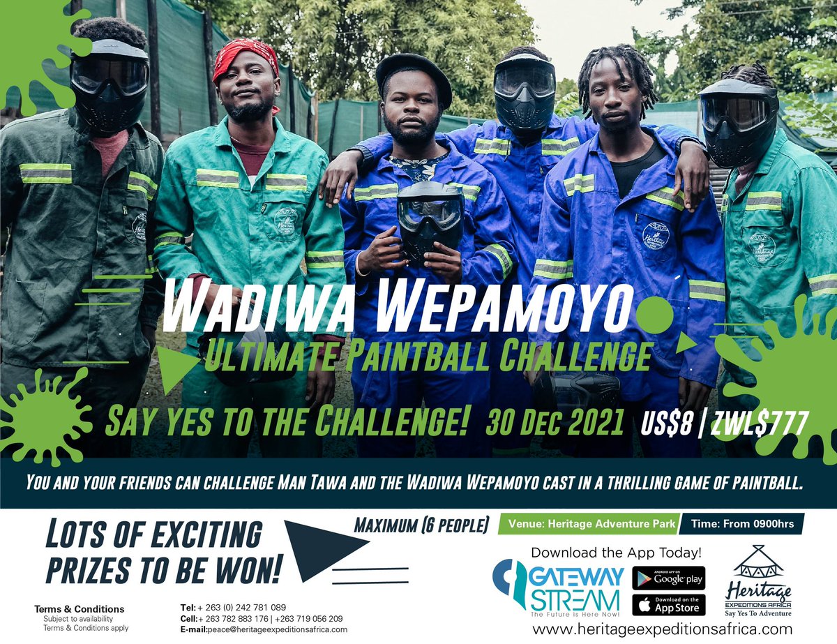 CollegeCentral_'s tweet photo. Use the promo code 'wadiwa' when you book for you and your friends for the Ultimate Paintball Challenge versus team #wadiwawepamoyo on the 30th of December 2021 at the Heritage Adventure Park, Rainbow Towers
Book your tickets on the link below 👇
https://t.co/ER1Z53JBql https://t.co/7piUMFsCbi