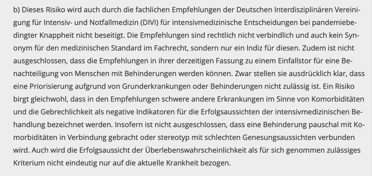 .<a href="/BVerfG/">BVerfG</a>-Beschluss zum Schutz von Menschen mit #Behinderung angesichts von #Triage begrüße ich ausdrücklich. <a href="/Ethikrat/">Deutscher Ethikrat</a> hatte sich in 1. Stellungnahme zur #Corona-Krise ausdrücklich gegen Kriterium #Erfolgsaussicht der <a href="/DIVI_eV/">DIVI e.V.</a> gestellt. Lektüre empfohlen 👉t1p.de/fiohl