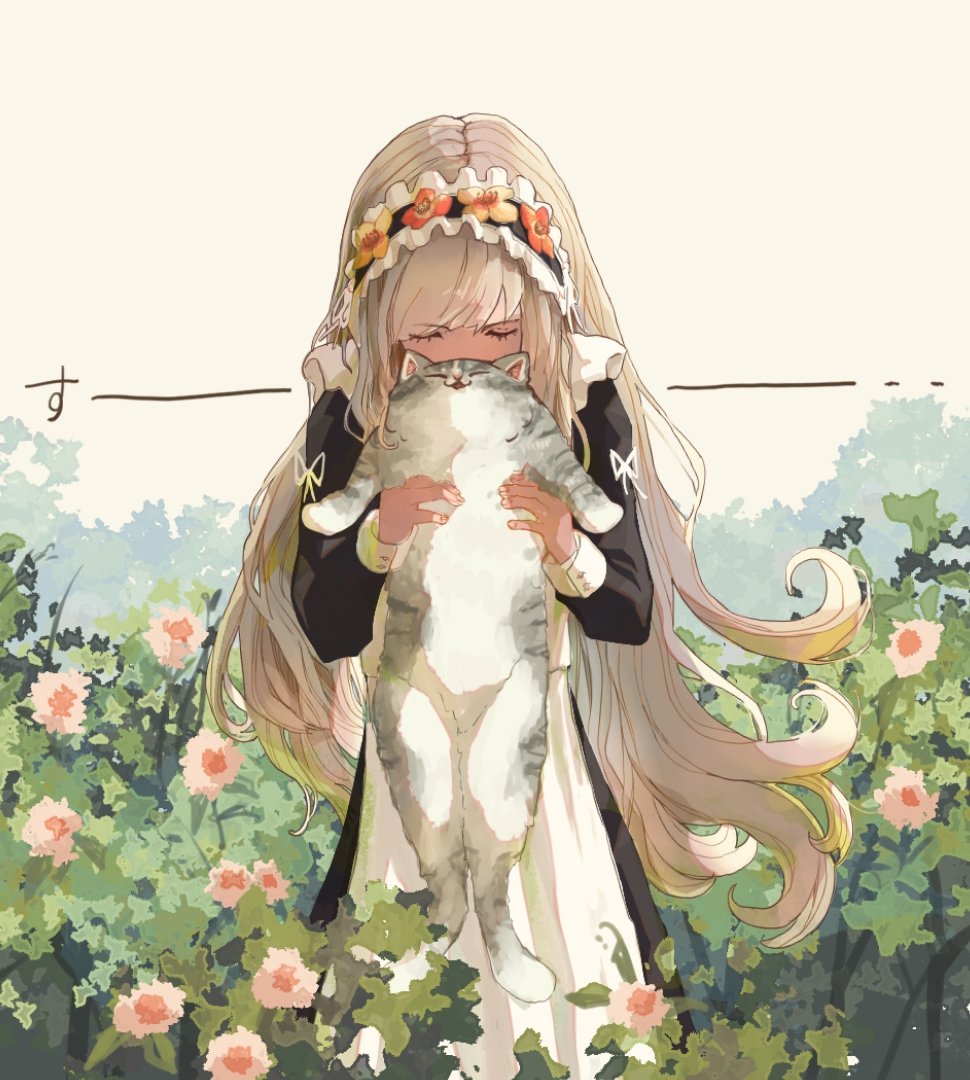 1girl long hair flower closed eyes maid animal holding  illustration images