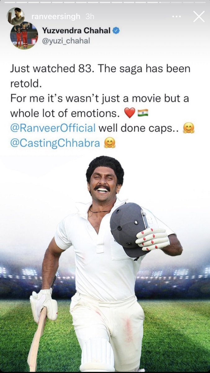 RanveeriansFC's tweet photo. via Ranveer Singh Instagram story ❤️⭐️
#83review #ThisIs83 #83TheFilm https://t.co/NyOpSrr32M