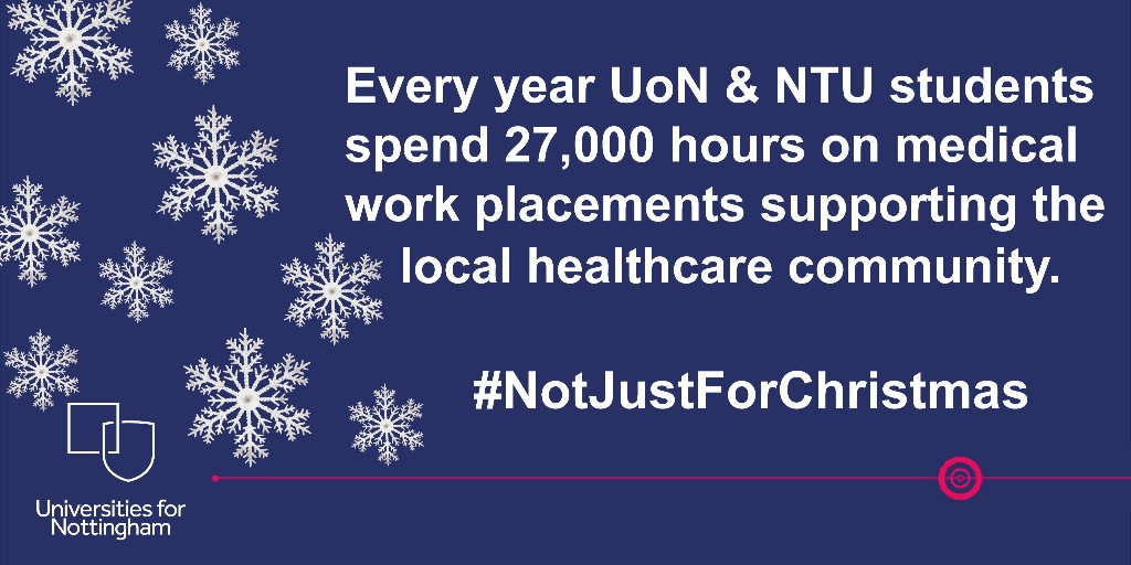 Every year, our students undertake over 27,000 hours of medical placements in support of the local healthcare community.

➡️ nott.ac/UfN

<a href="/UoNFacultyMHS/">UoN Medicine and Health Sciences</a> <a href="/TrentUni/">Nottingham Trent University</a> #UnisforNottingham #WeAreUoN #12DaysofChristmas #NotJustForChristmas