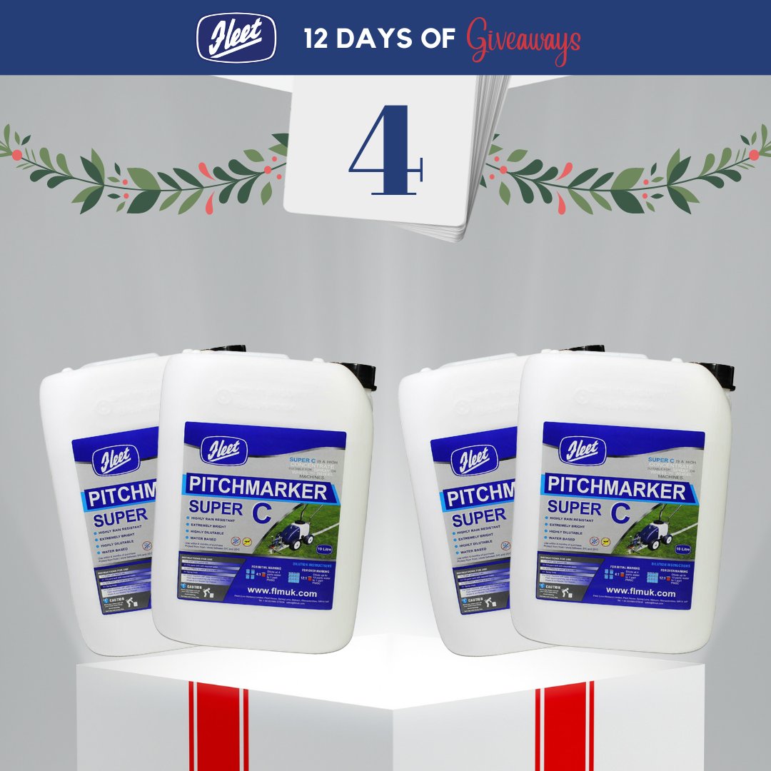 On the 4th day of Christmas, Fleet gave to me... 4 drums of Super C! 🎄

Join us over the next 9 days for a giveaway a day 😱

All you need to do is retweet this post and make sure you are following us on Twitter for a chance to win

Good luck! 

#LineMarking #Groundsman