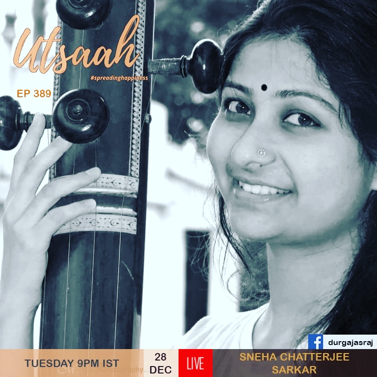 Today, 28th December 2021, in episode #389 of #Utsaah #spreadinghappiness  we present beautiful #SnehaChatterjee alongwith #SusantaTalukder  on #Tabla
Join us for a #FBLIVE performance on my Facebook page at 9 pm IST.
#JaiHo 💕😇🙏🙌
 #series  #indianmusic #DurgaJasraj  #ICM