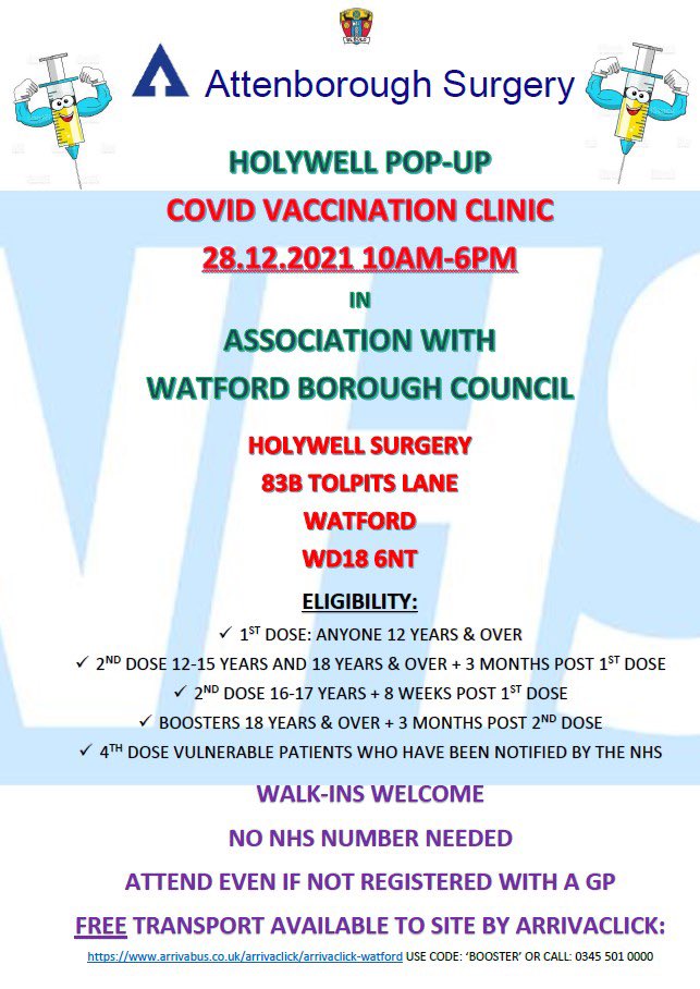 If you are heading to the game later and are yet to receive your booster drop by our #PopUp #CovidVaccine clinic. 

✅Only a 5 min walk from #VicarageRd
✅No appointment needed  
✅Walk In

#WatfordVsWestham

#GetVaccinatedNow <a href="/WatfordFC/">Watford Football Club</a> <a href="/ActiveW3R/">ActiveW3R</a> <a href="/WatfordCouncil/">Watford Council</a> <a href="/WFCTrust/">Watford FC CSE Trust</a>