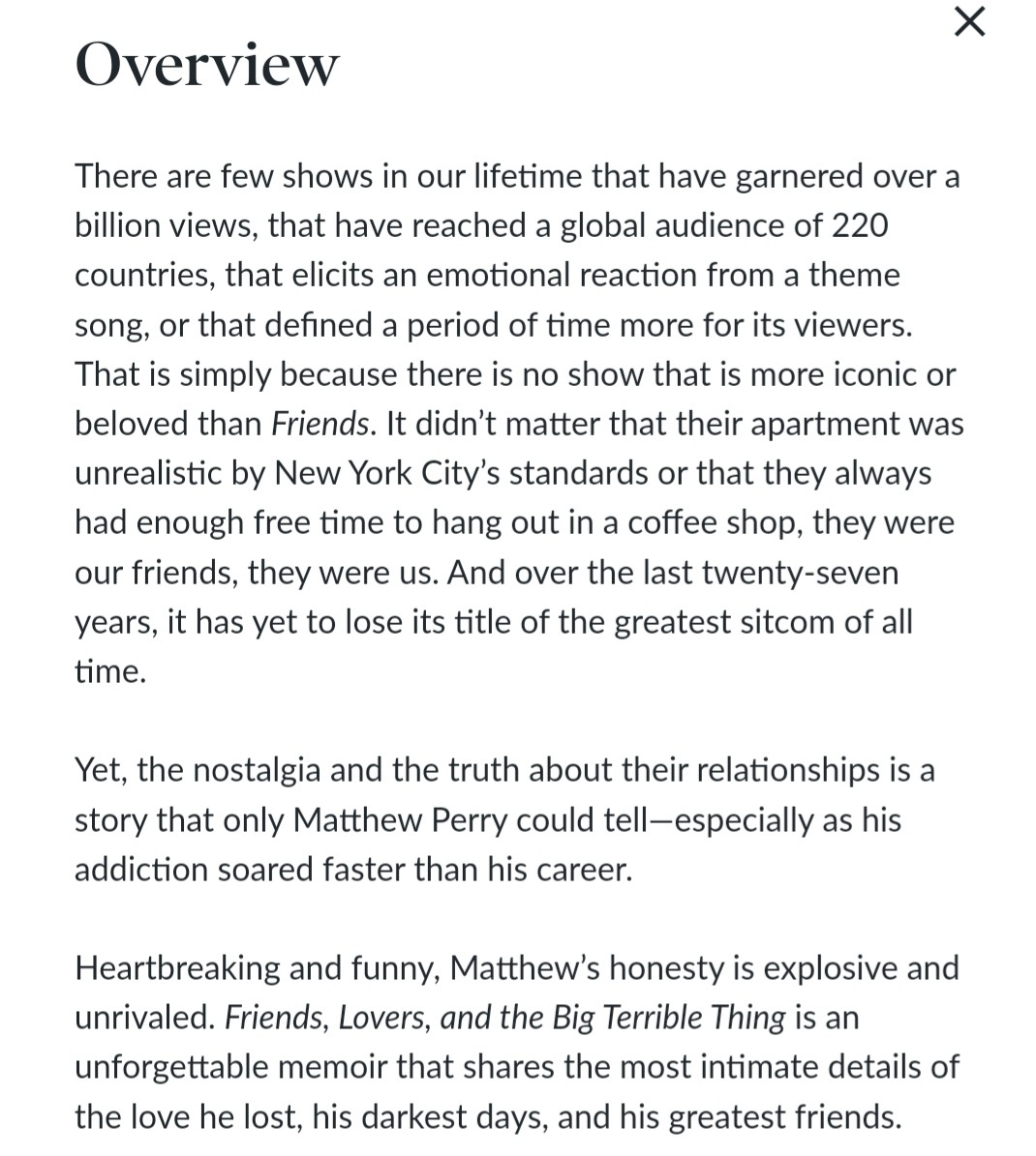 Friends, Lovers, And The Big Terrible Thing - By Matthew Perry