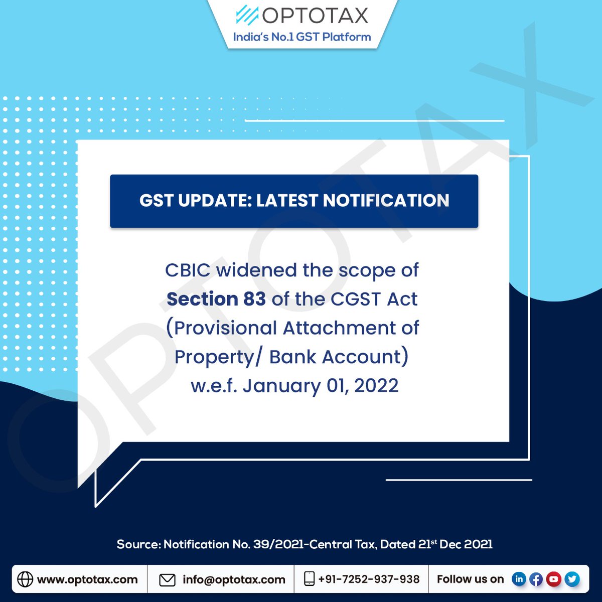optotax_gst's tweet photo. Optotax GST Updates:
Latest Notification
Tap on the link below to know more:
https://t.co/qMrCGTmPhL
#GST #gstupdates #optotax #CBIC #section83 #cgstAct https://t.co/ybwzyoDhe3