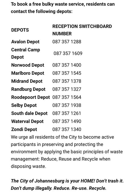 Absolutely no need for illegal dumping. Pikitup provides a free bulky waste service to collect unwanted waste from households (e.g. old mattresses, old furniture, fridges etc.)  in efforts to deal with the illegal dumping across the city #JoburgServices #KleenaJoburg ^NS