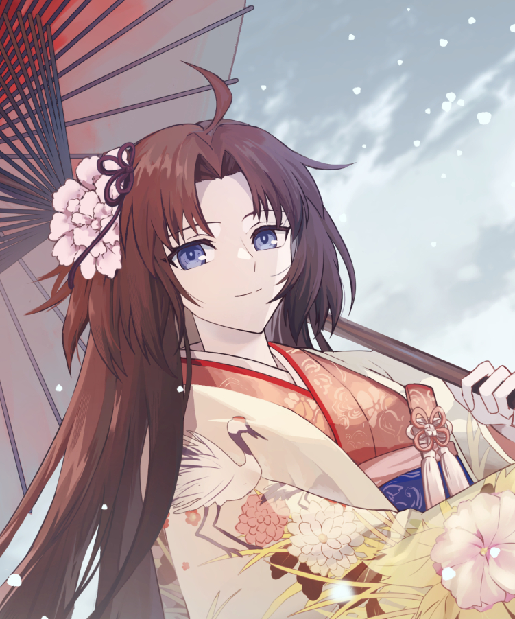 ryougi shiki 1girl umbrella japanese clothes kimono long hair oil-paper umbrella solo  illustration images