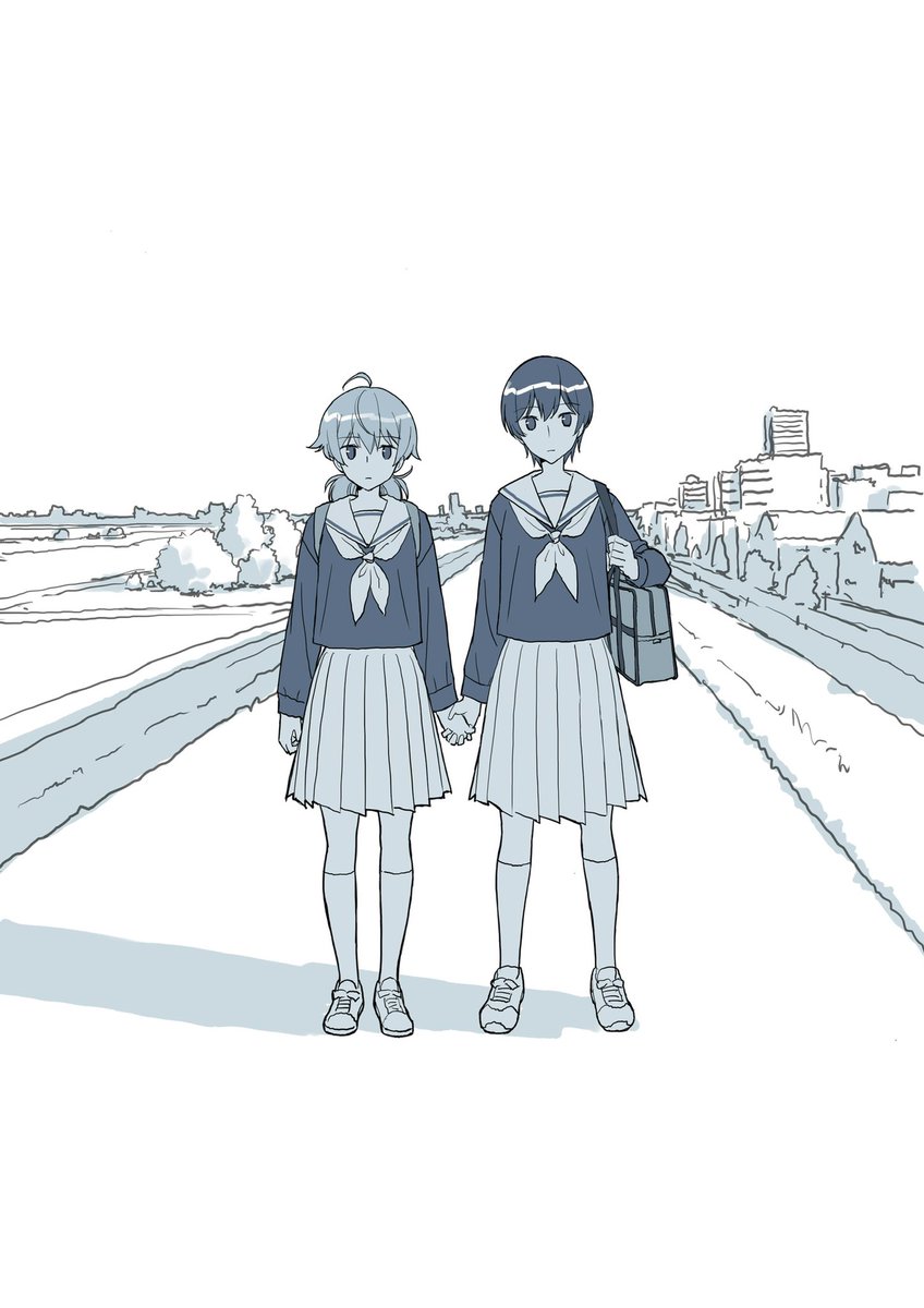 multiple girls 2girls skirt school uniform monochrome bag holding hands  illustration images