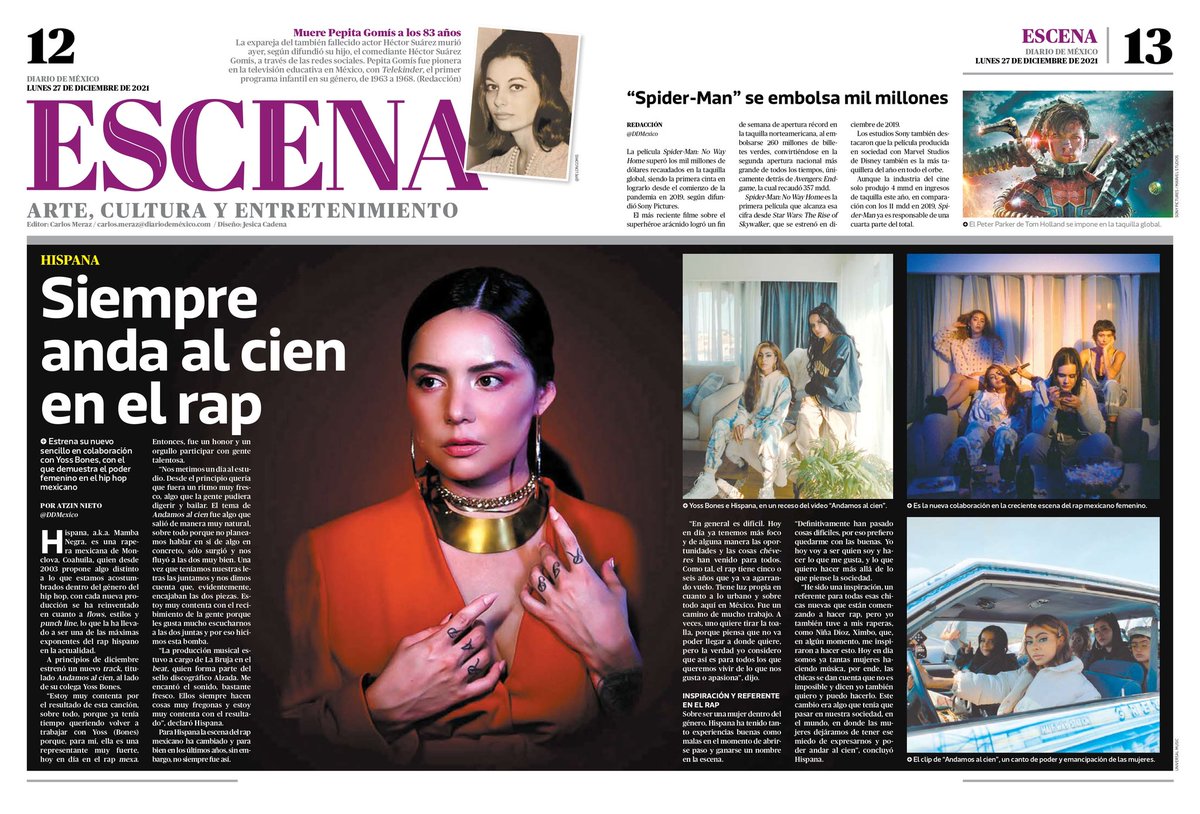 En el impreso del <a href="/DDMexico/">Diario de México</a> y a doble plana 😍, salió la entrevista que tuve con una de las raperas femeninas que, actualmente, la está rompiendo machín en la escena mexicana del HH <a href="/HISPANA1988/">MAMBA NEGRA-HISPANA</a> a.k.a. la Mamba Negra 
¡Andamos al cien!
🔥🔥🔥

diariodemexico.com/escena/hispana…