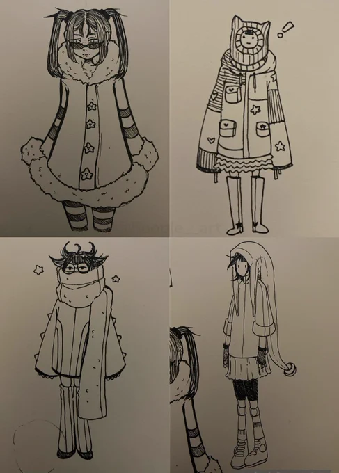 it started snowing like crazy today so here's doodles of people in warm outfits :3c .. my pen arrives tomorrow so i can finally start working on digital pieces n kofis lol 