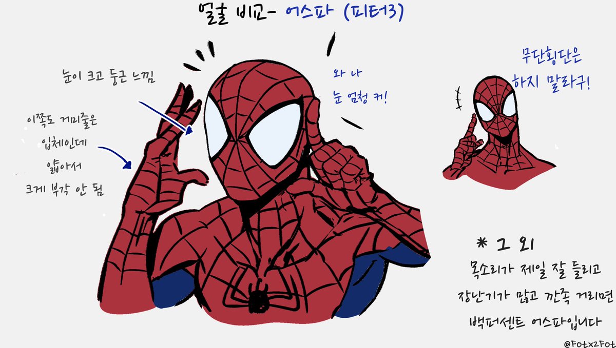 Fotx2Fot's tweet photo. 요즘따라 삼거미 헷갈린다는 분들이 많아서 삼 스파이더맨 구분 하는 법 그려가지고 왔음 다들 나랑 같이 다른 맛의 스파이디들 파자 https://t.co/zzKrtzKGkW