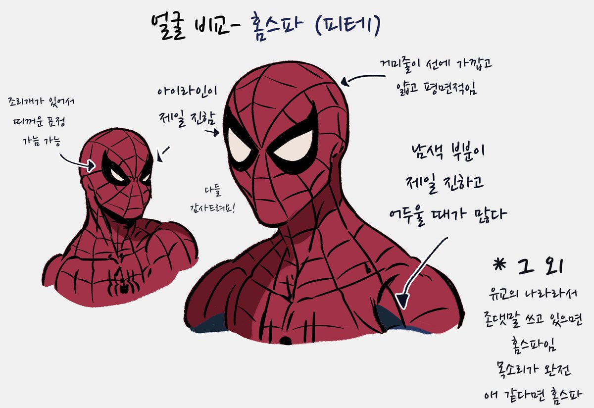 Fotx2Fot's tweet photo. 요즘따라 삼거미 헷갈린다는 분들이 많아서 삼 스파이더맨 구분 하는 법 그려가지고 왔음 다들 나랑 같이 다른 맛의 스파이디들 파자 https://t.co/zzKrtzKGkW