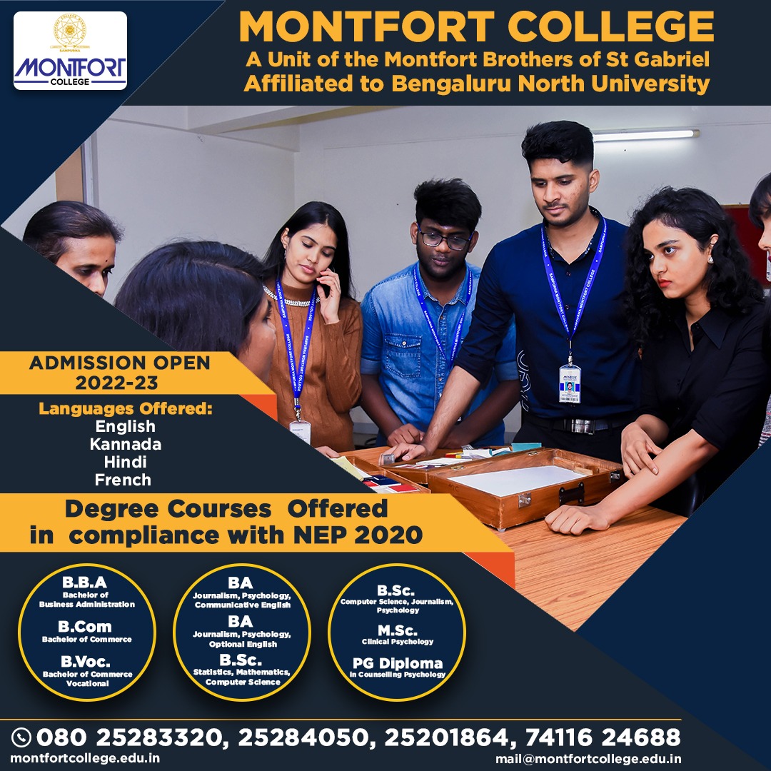 CollegeMontfort's tweet photo. New Degree Courses Offered
Admission open for BBA , B.Voc, BA PG Diploma
Language offered:- English, Kannada, Hindi, French
MONTFORT COLLEGE
(Affiliated to Bangaluru North University)
Call 080-25283320 https://t.co/WDpPlidJxO