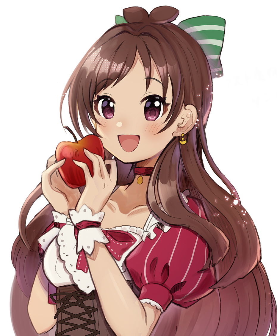 1girl apple solo fruit food brown hair long hair  illustration images