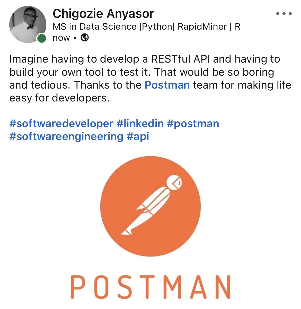 anyasorchigozie's tweet photo. A life without @getpostman will be boring for #softwaredevelopers 

#postman #SoftwareEngineer #API #api #twitter https://t.co/nf3RU4OWb5