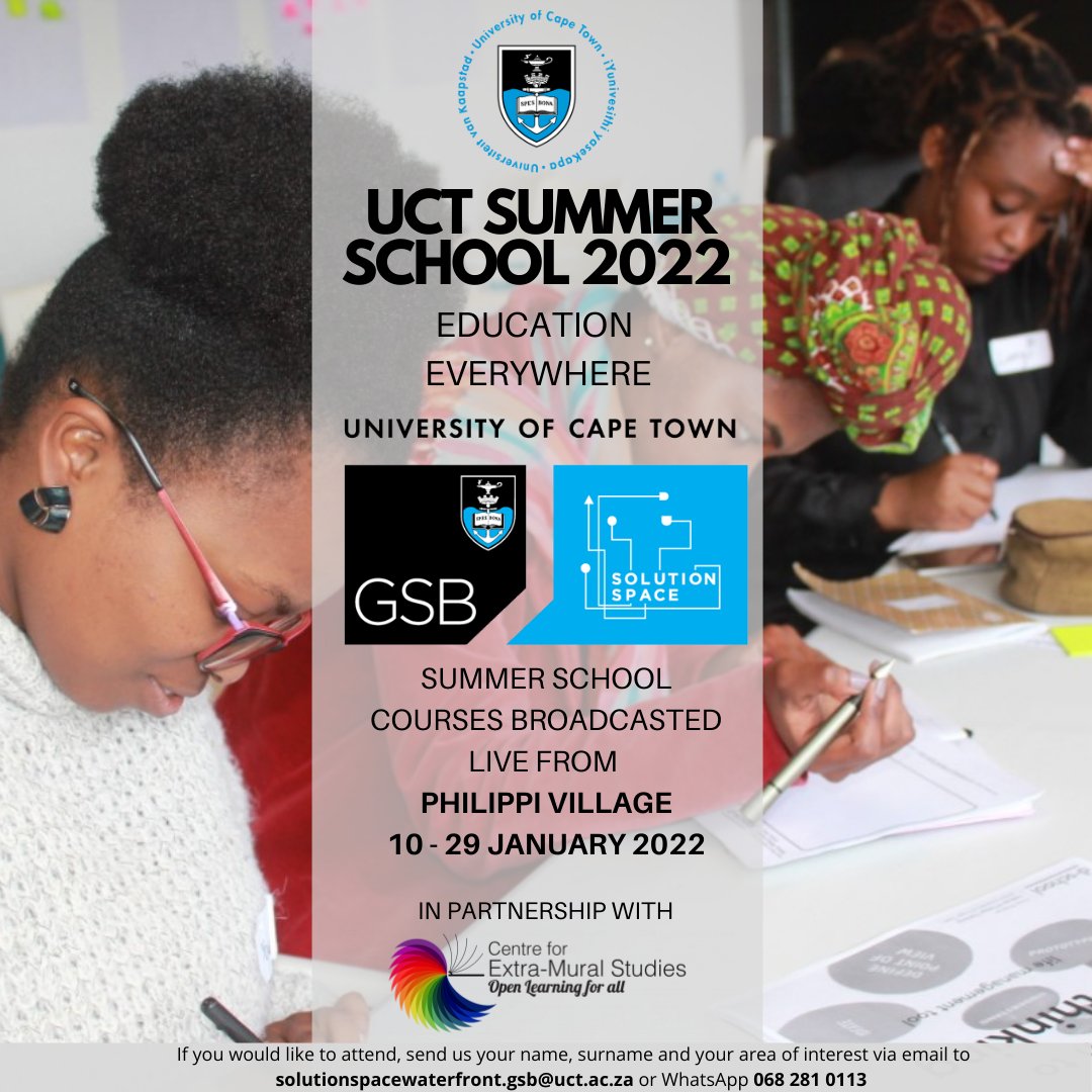 This January <a href="/UCTSummerSchool/">UCT Summer School</a> courses will be livestreamed at our Philippi space!

Free to attend &amp; open to everyone regardless of the educational qualification or age, this is a great opportunity for learning.

#learning #opportunity #community #livestream