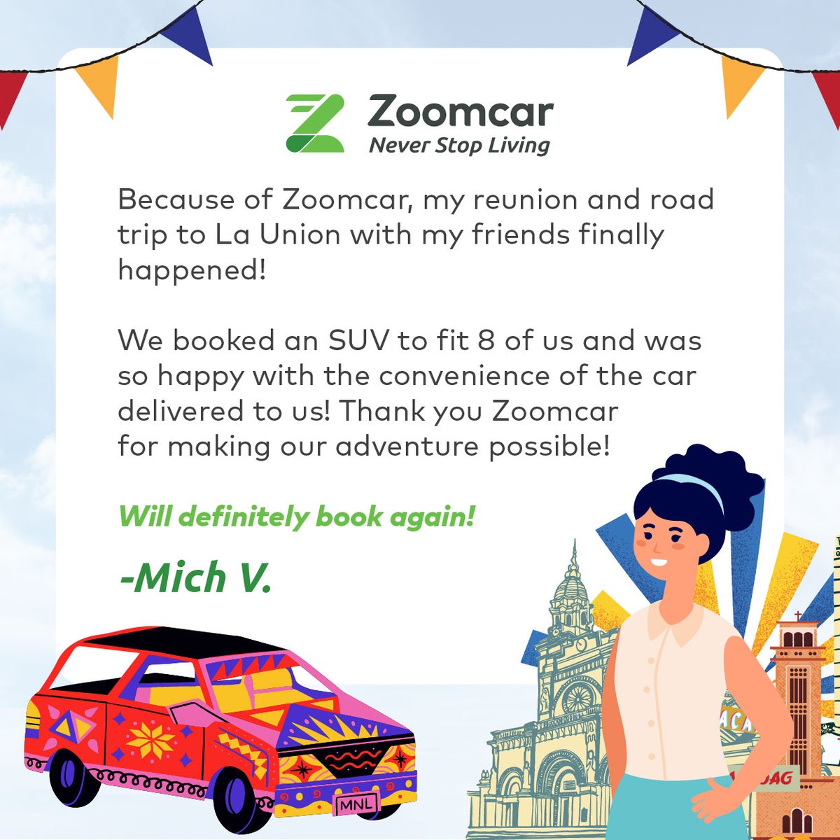 ZoomcarPH's tweet photo. Make your road trip possible with Zoomcar! Thank you for sharing your experience, Mich! #NeverStopLivingPH #ZoomcarPhilippines https://t.co/2xFv7n3S84