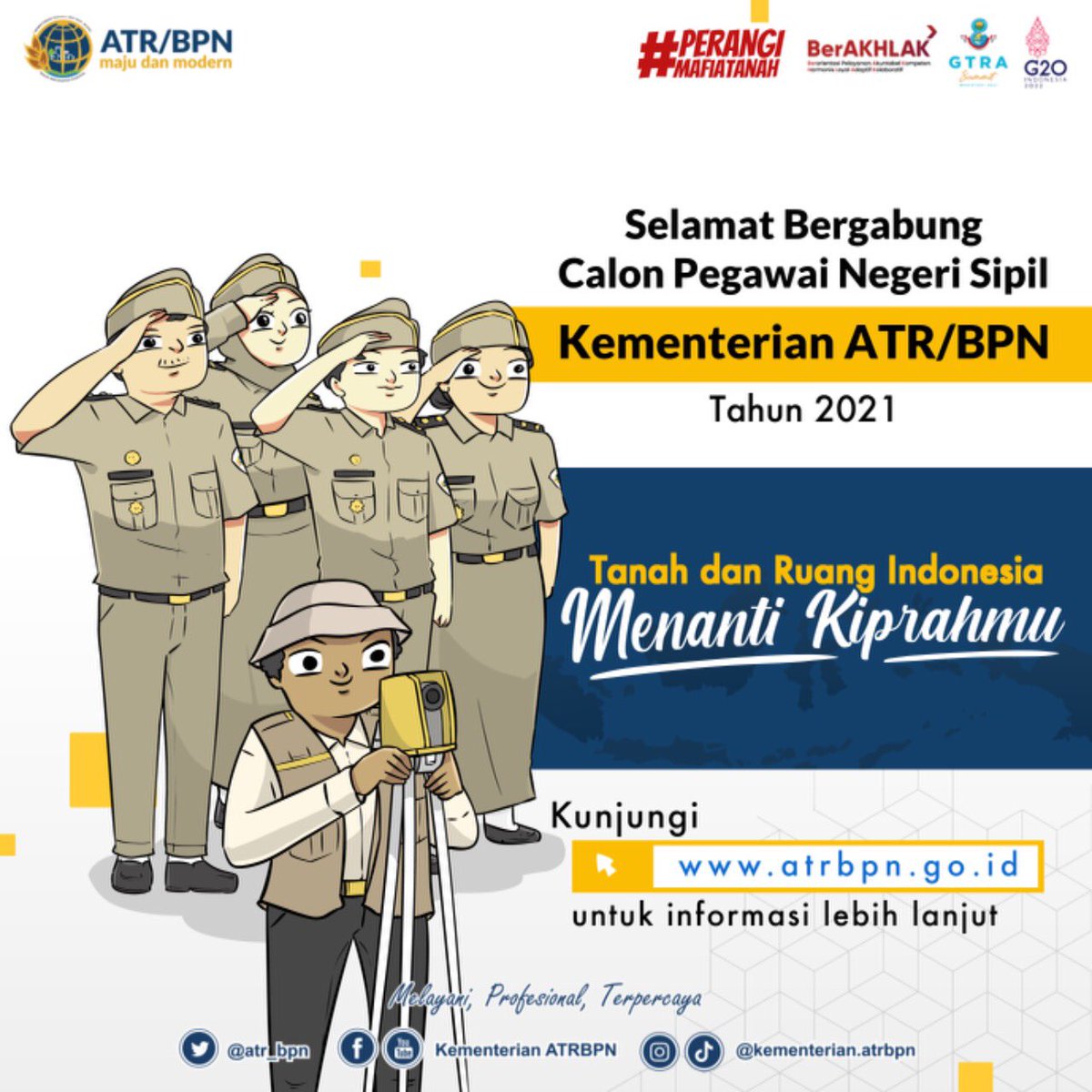 Halo #SobATRBPN Para calon keluarga besar Kementerian ATR/BPN, akhirnya kabar yang ditunggu telah tiba terkait serangkaian pelaksanaan Ujian CPNS 2021 yang telah dilaksanakan.

Selamat bergabung Calon Pegawai Negeri Sipil Kementerian ATR/BPN Tahun 2021 ya Sob!