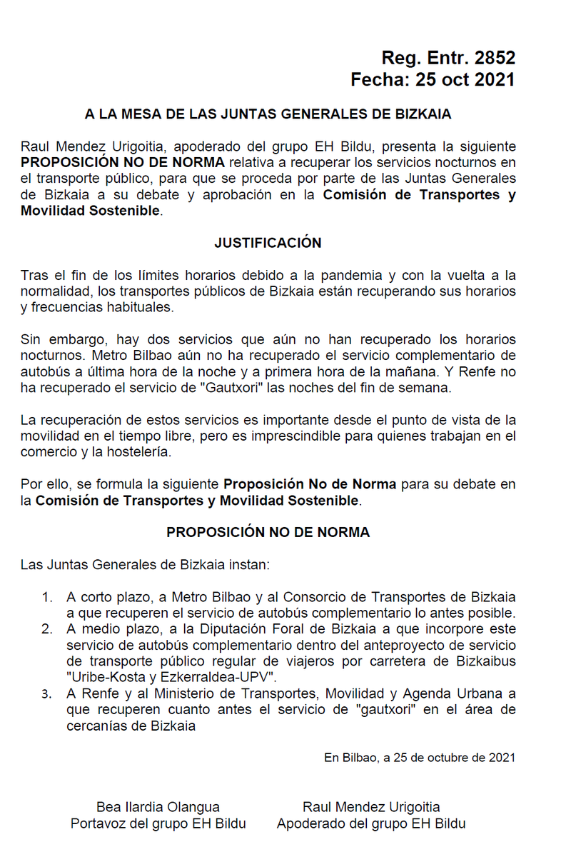 RMurigoitia's tweet photo. Mañana en la Comisión de Transportes y Movilidad Sostenible de Juntas Generales, desde @ehbildubizkaia  presentaremos una propuesta para que se recuperen los servicios nocturnos:

✅ RENFE cercanías C1, C2 y C3 (Gautxori) 
✅Servicio de bus complementario de Metro Bilbao https://t.co/SNbr8aXUxD