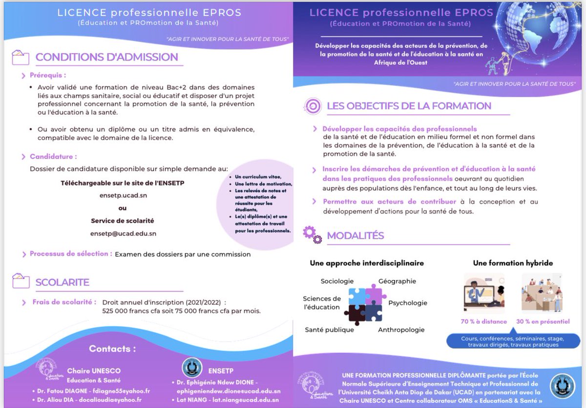EERKL3's tweet photo. Appel A CANDIDATURES

L’ENSETP lance un appel à candidatures pour la Licence professionnelle en Éducation pour la Santé et en Promotion de la Santé #EPROS

👉🏻Cliquez sur ce lien 
https://t.co/0uNlOKRrkS… https://t.co/yLpNcxC5vU

#ENSPT
#EPROS
#Ucad

"Saloum Saloum Saa Su Ne" https://t.co/fKw1CEvXTq