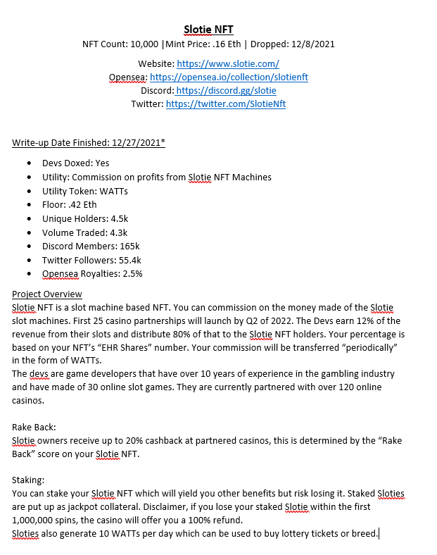 Writeup #5 @SlotieNft 

Slotie NFT
NFT Count: 10,000 | Mint Price: .16 Eth | 
Dropped: 12/8/2021
Website: slotie.com
Opensea: opensea.io/collection/slo…
Discord: discord.gg/slotie