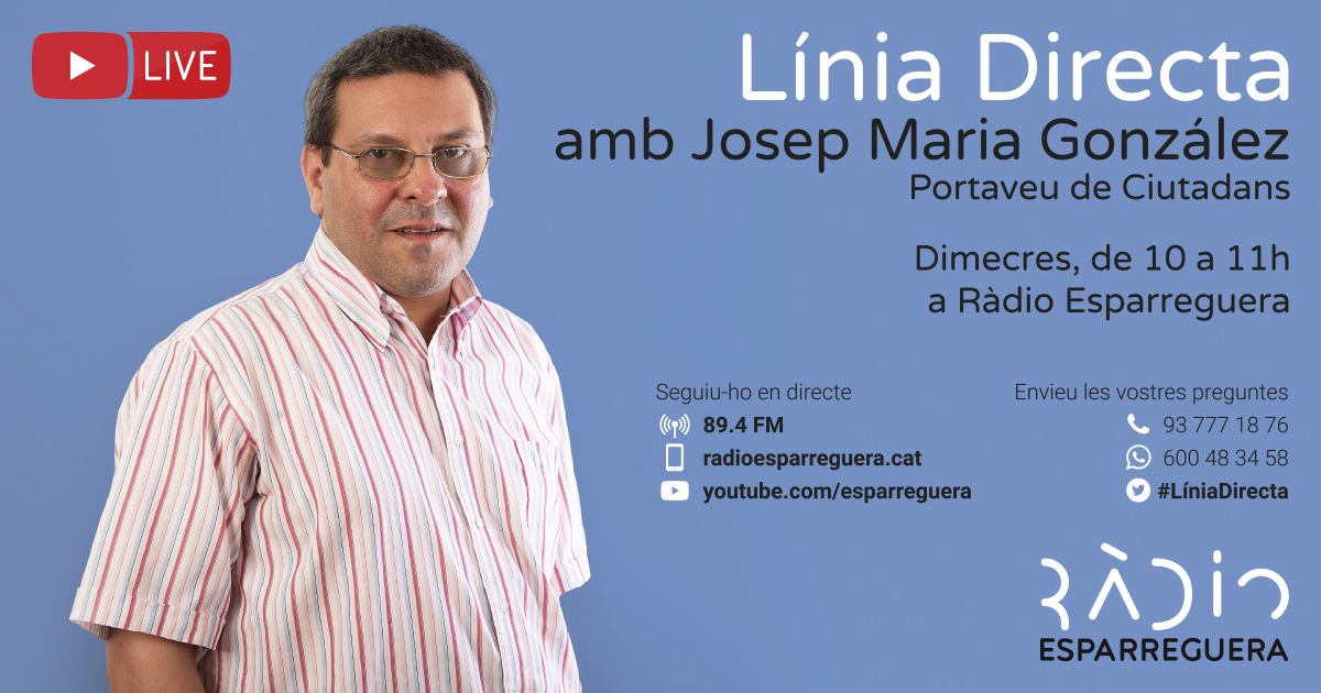 ▶️LÍNIA DIRECTA | Avui entrevistem el portaveu de <a href="/Cs_Esparreguera/">Cs Esparreguera</a> a l'Ajuntament d'#Esparreguera, Josep Maria González

🕙Aquest dimecres 29 de desembre, en directe de 10h a 11h

👉Podeu enviar preguntes per 📲 Whatsapp al 600 483 458 o intervenir en directe ☎️ al 93 777 18 76