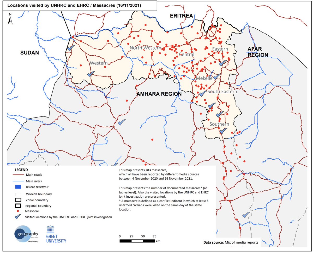 martinplaut's tweet photo. The weakness of the joint UN Human Rights Commission - joint EHRC investigation into massacres in Tigray captured in a single map. Of the 283 sites the investigators visited just 8. 

Yes, eight. Completely inadequate. Why? Because the Ethiopian govt refused access https://t.co/k3RqvP0yis