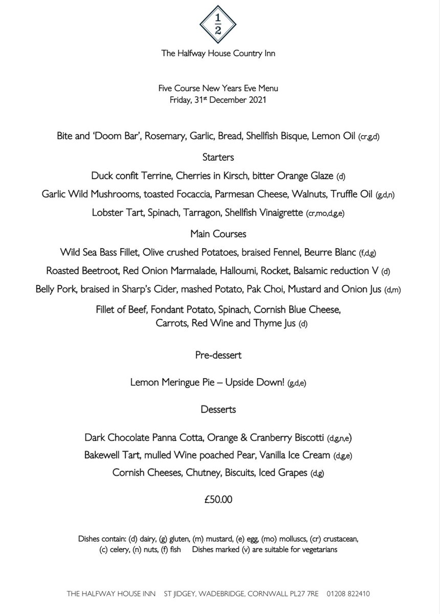 New Years Eve 2021🎉 

Our menu for NYE, we have some tables left from 6.30 and later. Dinner will be served by 10pm. Join us for a relaxing dinner too see in 2022🎉

☎️ 01208 822410

#newyearsevemenu 
#wadebridgepub 
#relaxedpubfood
#foodincornwall 
#newyearsevemenu
