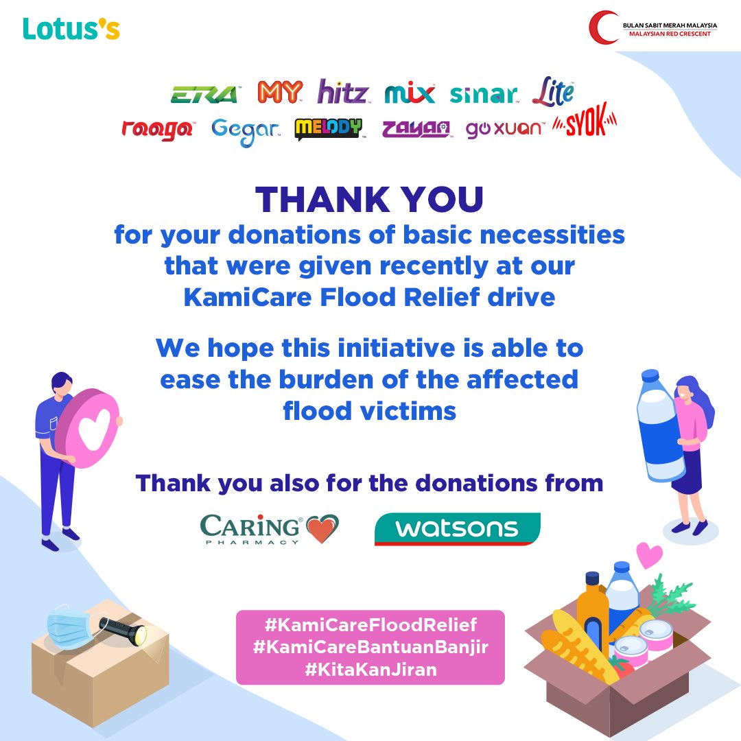 mixdotmy's tweet photo. #AstroRadio together with @lotussmalaysia and @mrcsski would like to thank EVERYONE who came &amp; donated for our #KamiCare Flood Relief collection centres ❤️

Thank you to @caringpharmacy_my &amp; @watsonsmy for donating too! #KamiCareFloodRelief #KamiCareBantuanBanjir #KitaKanJiran https://t.co/ZCU5PFfUN6