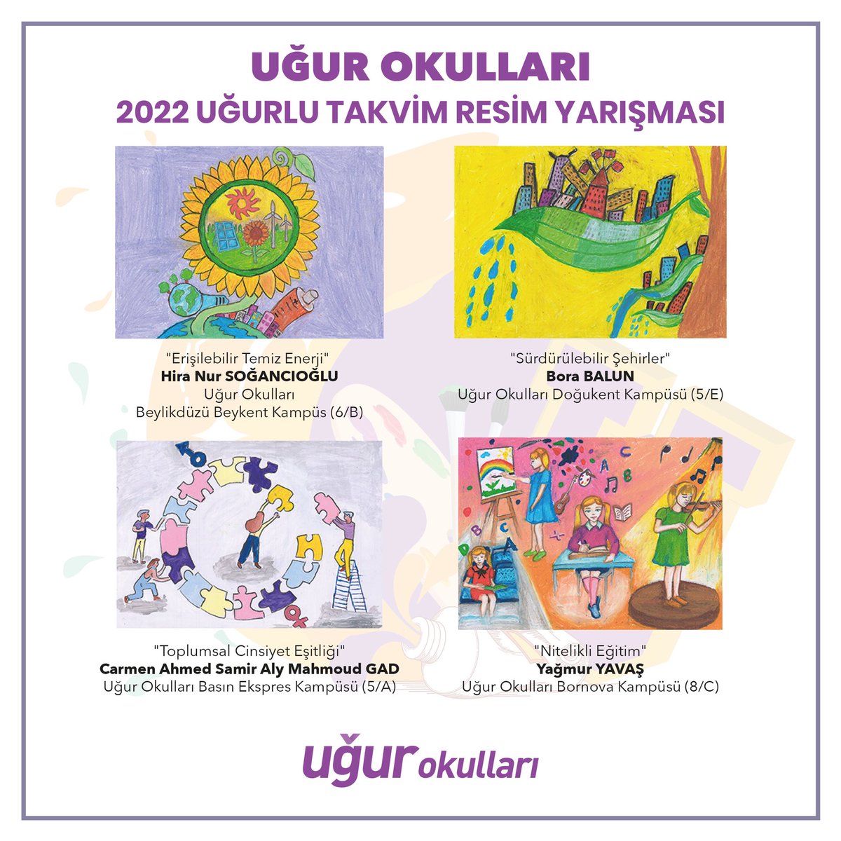 “Dünyanın geleceği için senin yaratıcılığın gerekli!” sloganı ile yola çıktığımız Küresel Hedefler temalı “2022 Uğurlu Takvim Resim Yarışması” sonuçlandı. Ortaokul öğrencilerimizin daha yaşanılabilir bir dünya için tuvale döktükleri binlerce eserden 12’si takvimimizde yer aldı.
