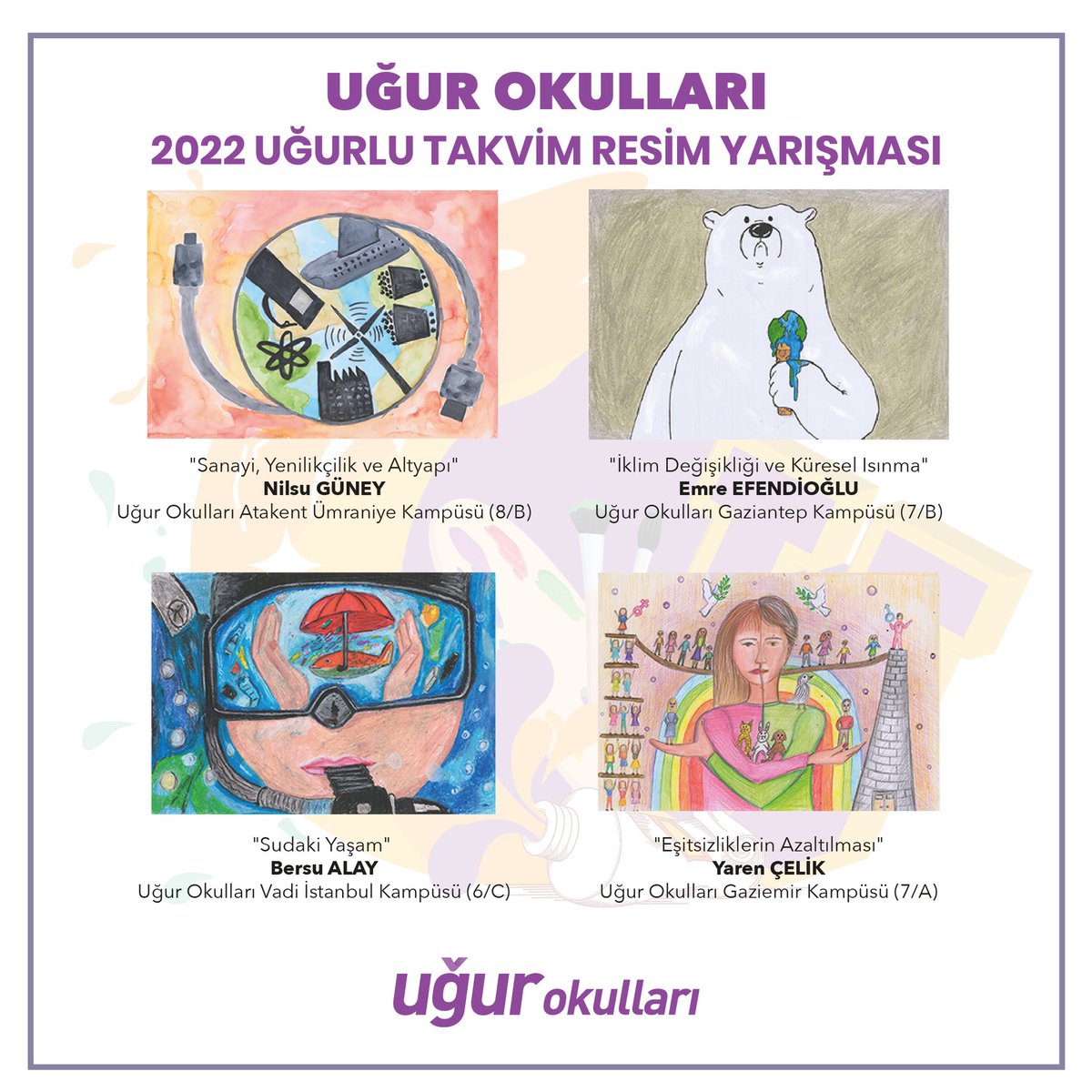 ardaergez's tweet photo. “Dünyanın geleceği için senin yaratıcılığın gerekli!” sloganı ile yola çıktığımız Küresel Hedefler temalı “2022 Uğurlu Takvim Resim Yarışması” sonuçlandı. Ortaokul öğrencilerimizin daha yaşanılabilir bir dünya için tuvale döktükleri binlerce eserden 12’si takvimimizde yer aldı. https://t.co/5UV02Kn9x7