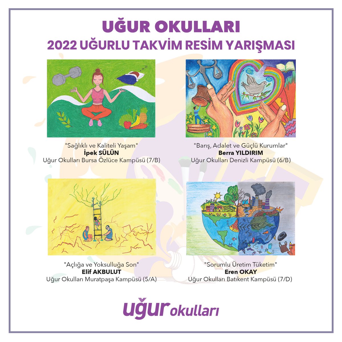 ardaergez's tweet photo. “Dünyanın geleceği için senin yaratıcılığın gerekli!” sloganı ile yola çıktığımız Küresel Hedefler temalı “2022 Uğurlu Takvim Resim Yarışması” sonuçlandı. Ortaokul öğrencilerimizin daha yaşanılabilir bir dünya için tuvale döktükleri binlerce eserden 12’si takvimimizde yer aldı. https://t.co/5UV02Kn9x7