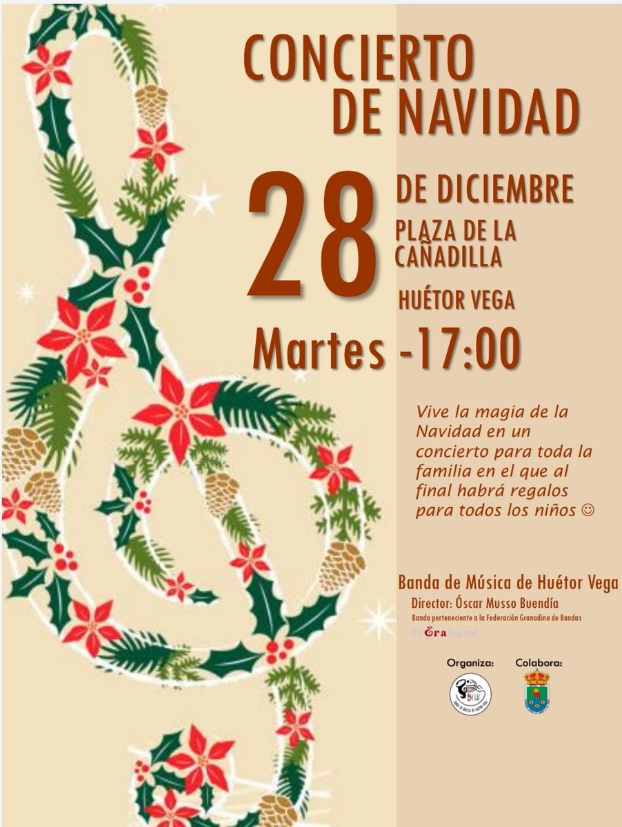 bandahuetorvega's tweet photo. 📢 Hoy tienes una cita con la Banda de Huétor Vega en el Concierto de Navidad. Ven a pasar un rato divertido en familia, con una actividad cultural diferente y gratuita. 👇¡Feliz Navidad! 🎄☃️🎆 https://t.co/kso3ISIwc3