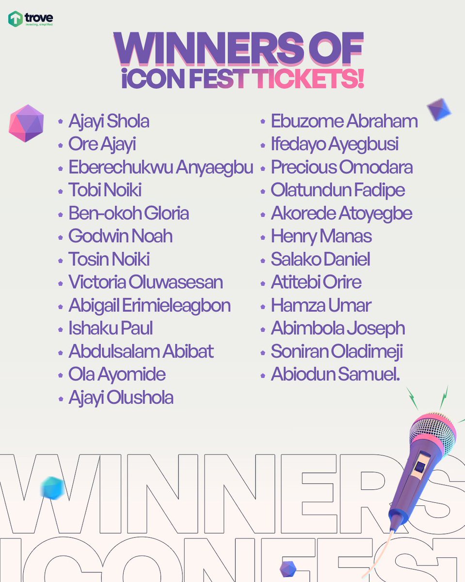 trovefinance's tweet photo. These are the 1st set of lucky winners of iCON FEST tickets! ππΊ
You get to catch @itslaycon & his superstar friends LIVE in concert.
DM us for instructions on redeeming your tickets.
Have a blast! π»
#TroveFinance
#Laycon
#iconsfest
#LayconxTrove https://t.co/l4RDmt4oH5