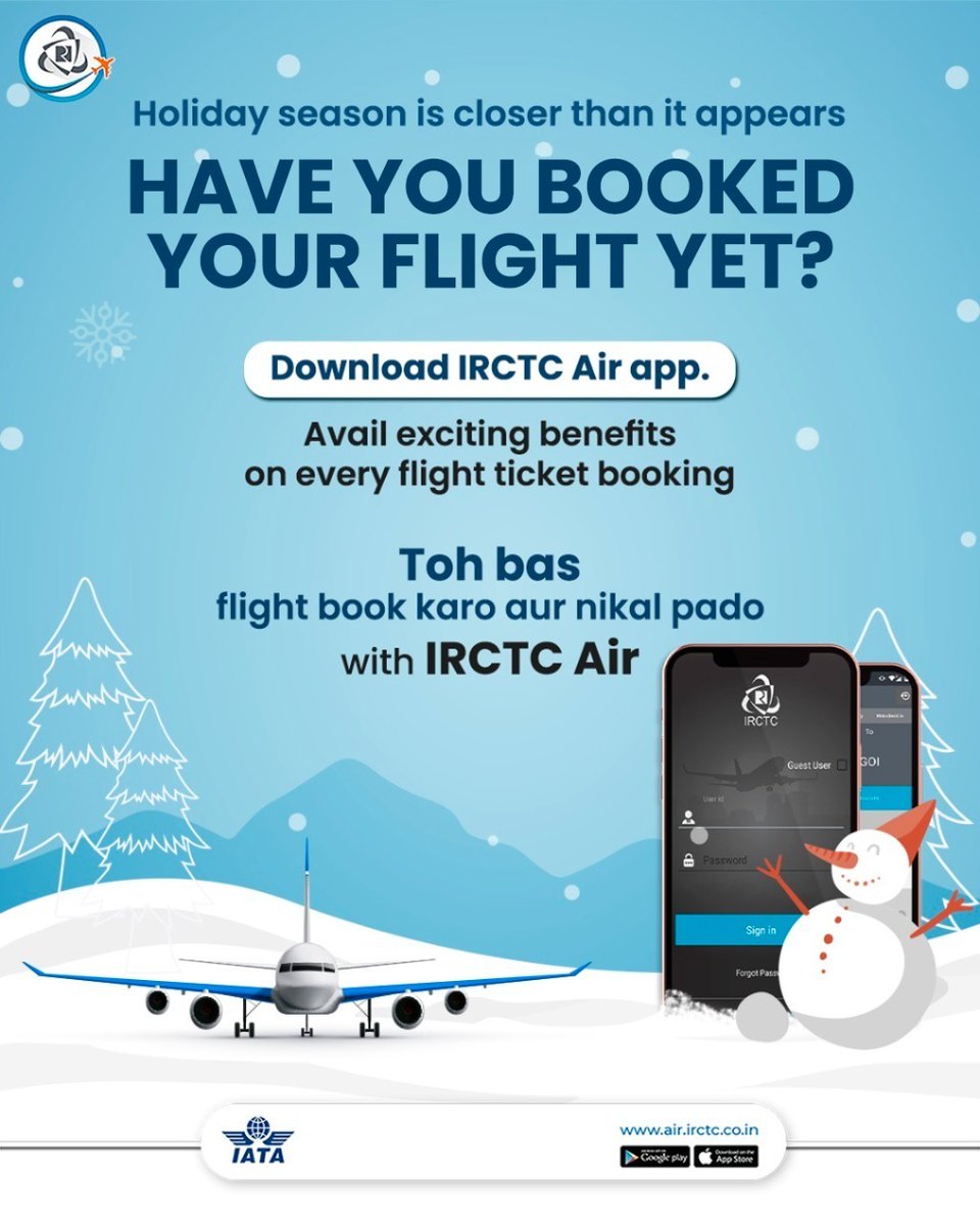 IRCTCofficial's tweet photo. The countdown to the #newyear has begun. #Book your #flights &amp; get set for an amazing time with #friends &amp; family at a #destination of your choice. To #avail attractive #booking benefits &amp; #special #DefenceFares, visit https://t.co/fLKvfBulvZ /download the #IRCTCAir app #FlyAt50 https://t.co/9sJFO2HGPY