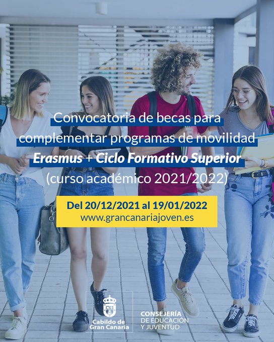 GranCanariaJven's tweet photo. 📌📢¡Recuerda que tienes hasta el 🗓️ 19 de enero para presentar la 💻#beca del @GranCanariaCab para complementar programas de movilidad #Erasmus+/ Ciclo Formativo Superior 🌍 (curso 2021/2022). 
Toda la información ➡️ https://t.co/EwOPZ2hlqB https://t.co/pUZEFtC8KX