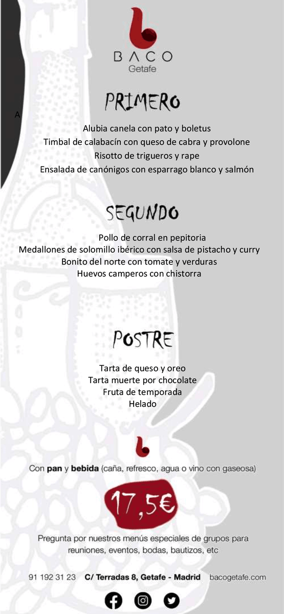 En #bacogetafe queremos que comas con los 5 sentidos, por eso preparamos nuestro #menudiario con tanto cariño ❤️🖤
👉 Échale un vistazo a esta delicia de platos que hemos preparado para hoy, #martes.