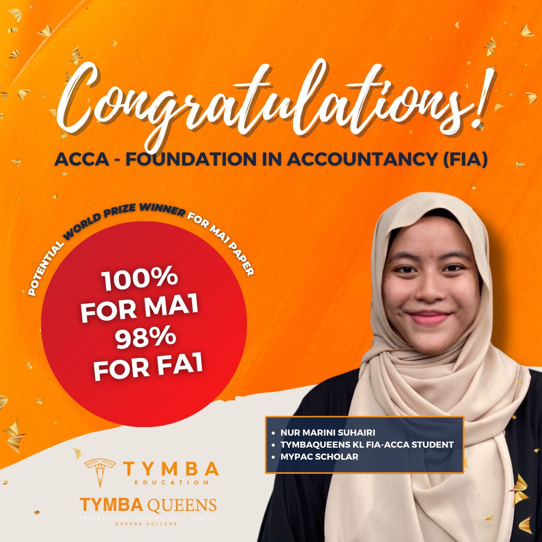 TymbaQ's tweet photo. CONGRATULATIONS!

Potential ACCA World Prize Winner for MA1 Paper!

A heartiest congratulations to Nur Marini Suhairi, our TYMBAQueens KL ACCA-FiA Student for the impressive result! https://t.co/Y8uwjOUWSX