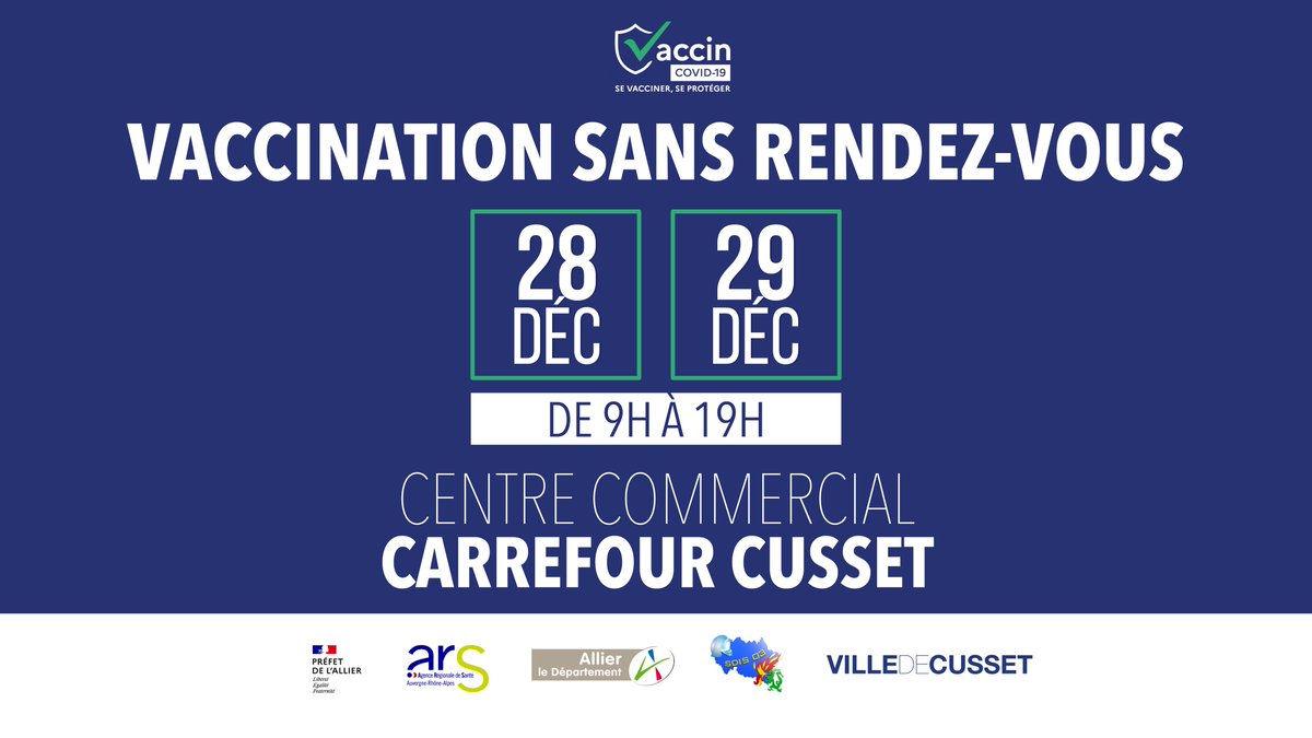 VilledeCusset's tweet photo. #TousVaccinésTousProtégés /// 

Un point de vaccination exceptionnel s'installe aujourd'hui et demain dans la galerie commerciale de @CarrefourFrance Cusset (78 Rue Des Peupliers, Cusset) pour toutes les personnes de plus de 30 ans, et ce, sans rendez-vous. https://t.co/2bK9n8ZmGx