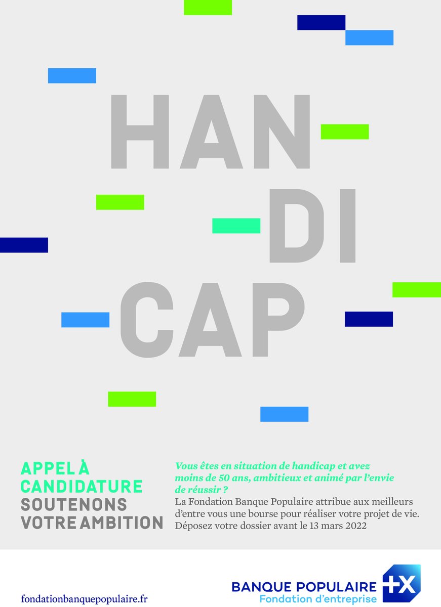 Vous êtes en situation de handicap et avez moins de 50 ans, ambitieux et animé par l'envie de réussir ? ⭐
La Fondation Banque Populaire attribuera aux meilleurs d'entre vous une bourse pour réaliser votre projet ! 
Déposez votre candidature 👉 bit.ly/3FxpfSZ