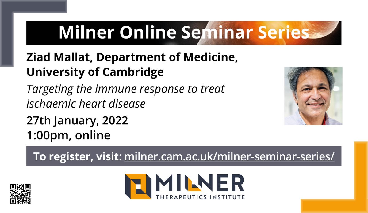 TheMilnerInst's tweet photo. Don't forget to register for our next online seminar, where @ZMallat from the Department of Medicine will discuss "Targeting the immune response to treat ischaemic heart disease"
27th January, 1pm
https://t.co/MxLXDGqh60
#MilnerEvents https://t.co/DIQaVRhL8p